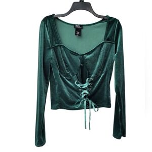 Thorn & Fable Goth Emerald Green Velvet Corset Lace-Up Long Sleeve Blouse XL
